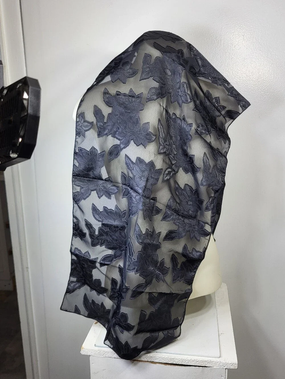 E. Amster Satin Elegant Black Floral Sheer Scarf With Scrunchy